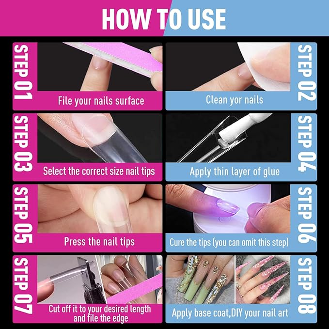 480PCS 3XL Long Clear Nail Tips - 2 Styles Soft Gel False Nails Extension Tips for Acrylic Nails Professional, Full Cover Square and Stiletto Press on Nails 12 Sizes, Nail Art Salon Home DIY Gift