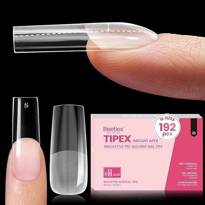 Beetles Tipex Instant Apex Nail Tips Square Long 16 Sizes 192 Pcs Pre-Etched Pre-Building Strong Thick Acrylic Tips
