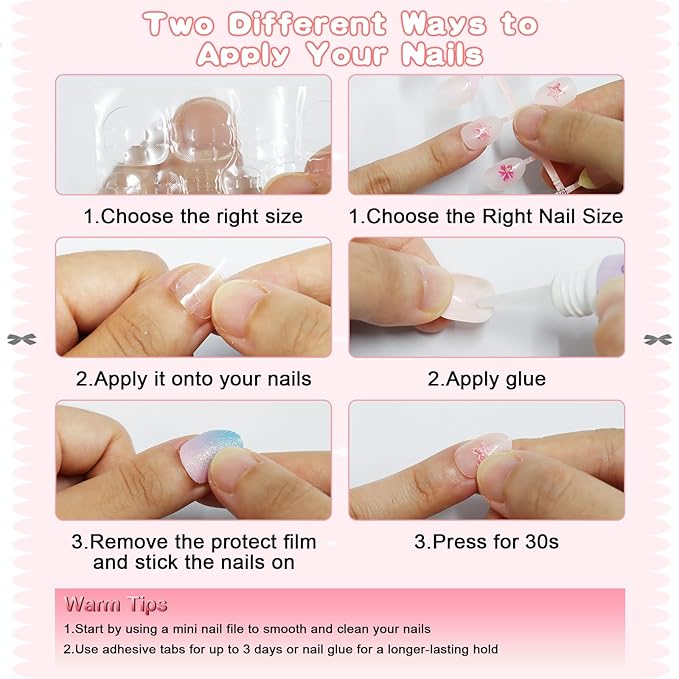 SIUSIO 3Pack Children Acrylic Fake Nails, 72pcs Press on Full Cover Glitter Gradient Color Short Almond False Nail Art Kits Set with Sticker Tabs Nail Glue Gel for Kids Little Girls - Summer Ocean