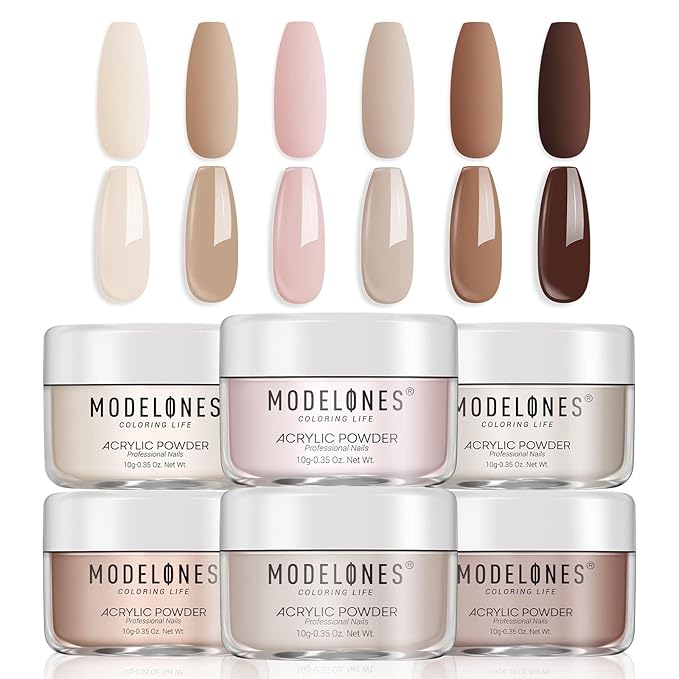 Modelones Nude Acrylic Powder 6 Colors Acrylic Nail Powder Kit Chocolate Brown Latte Soft Tones Cover Powder for Nail Art Extension No Nail Lamp Needed