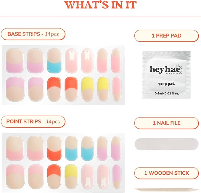 Heyhae Semi Cured Gel Nail Strips | No LED Lamp Needed | Spring, Marble, Pink | Easy Apply & Remove, Salon Quality | Includes 1 Prep Pads, Nail File & Wooden Stick - Hey, Hoppin’ Pretty