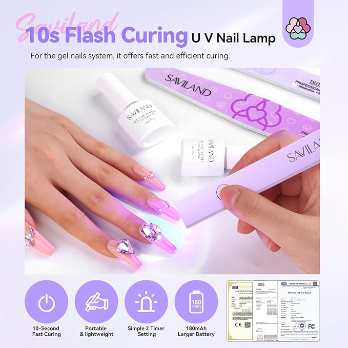 SAVILAND Handheld UV Light for Nails: 3W Portable Mini UV Flash CureLight for Gel Nail Sticker LED Gel Nail Lamp 180mAh Rechargeable Flashlight Type-c Gel Nail Dryer Home DIY Nail Flash Cure Light