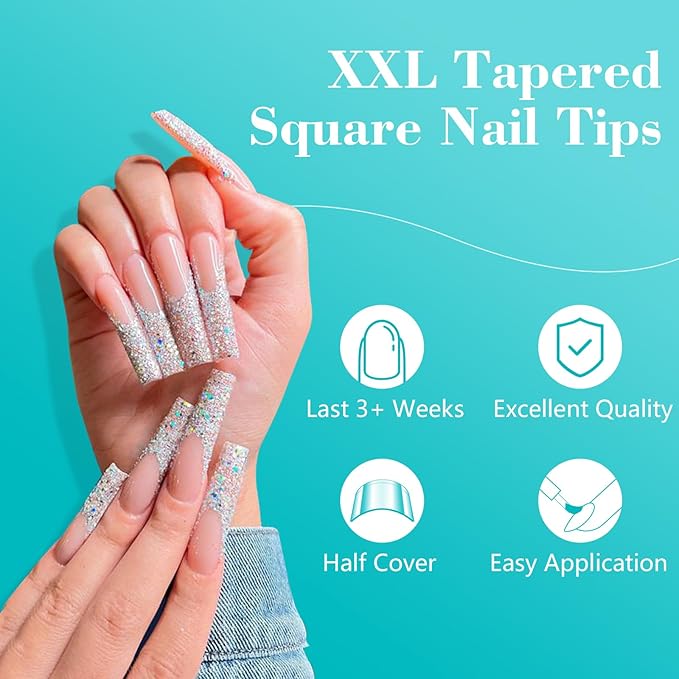 LIONVISON No C Curve Square Nail Tips, XXL 12 Sizes Tapered Square Nails Tips Half Cover Extra Long Clear Straight Nail Tips 240PCS for Nails Art with Box
