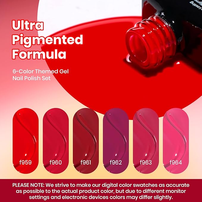 Beetles Red Gel Nail Polish Set - Crimson Horizon 6 Colors Gel Polish Kit Burgundy Bloody Red Pink Colors Soak off UV LED Lamp Needed Manicure DIY Home Gifts for Women