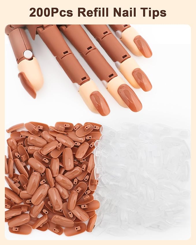 200PCS Replacement Nail Tips for Acrylic Nails Practice Hand, 100PCS Brown and 100pcs Clear Fake Nails with box for Nail Hand Practice