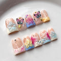 French Tip Press on Nails Handmade Short Duck 3D Flower Thick Acrylic Nails Cute False Nails with Stars Butterfly Polka Dots Designs Beachy Glossy Fake Nail Sturdy Art Press on Nail 10Pcs(M)