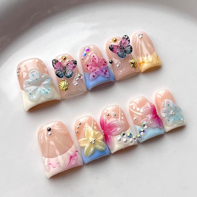 French Tip Press on Nails Handmade Short Duck 3D Flower Thick Acrylic Nails Cute False Nails with Stars Butterfly Polka Dots Designs Beachy Glossy Fake Nail Sturdy Art Press on Nail 10Pcs(S)