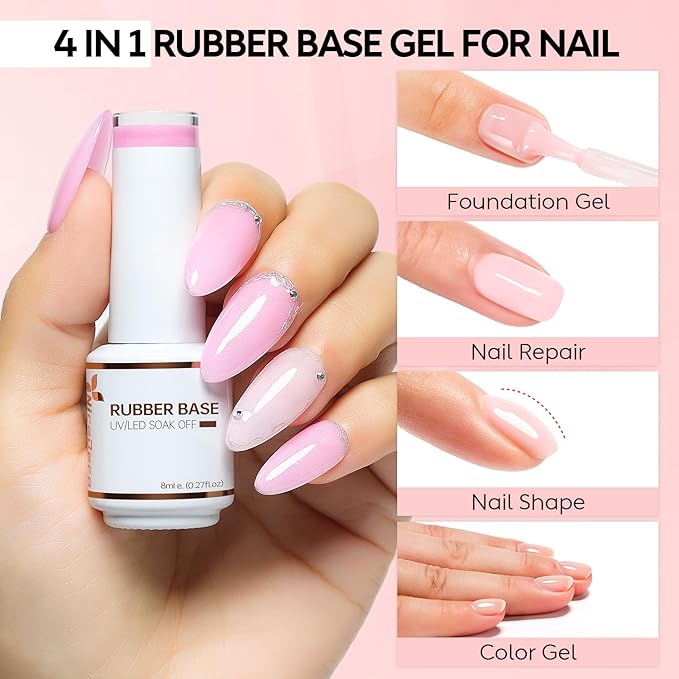 Nicedeco Hema Free Rubber Base Gel Polish for Nails 6 Pcs Cruelty Free Vegan Rubber Gel Nail Strengthener Nude Pink Nail Gel Polish Set 38