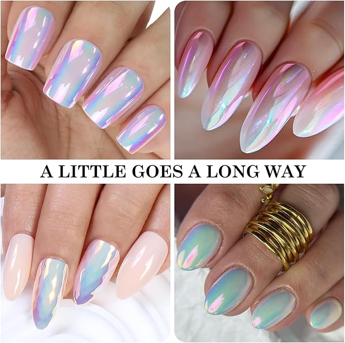 Unicorn Chrome Nail Powder 1g Mermaid Aurora Metallic Mirror Effect Pearl Glitter Pigment for Nails, White Iridescent Nail Chrome Powder for Gel Nails Polish Design with Tool