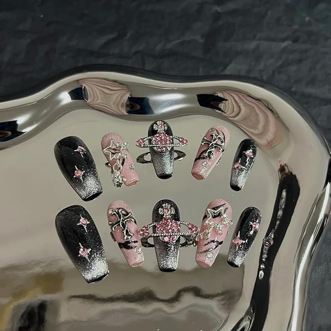 Cat Eye Acrylic Press On Nails,Handmade Thick Strong Waterprooft Star Punk Design Press on Nails, Reusable Stick On Nails 10 Nails Size L, #105