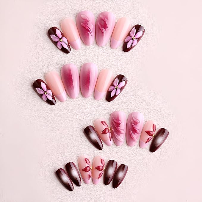 Flower Press on Nails Medium Almond Fake Nails French Tip False Nails 3D Flower Nails Press Ons with Gold Rhinestones Design Glossy Glue on Nail Gradient Stick on Nail for Women Set 24Pcs