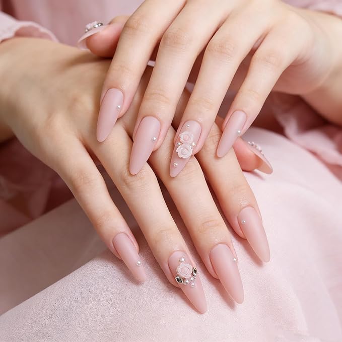 24PCS Long Stiletto Press On Nails-Matte Nude Pink Fake Nails with 3D Resin Rose Flower & Pwarl Acctents, Reusable Artifical Nail Tips for Women,Perfect for Wedding,Prom&Romantic Occasions