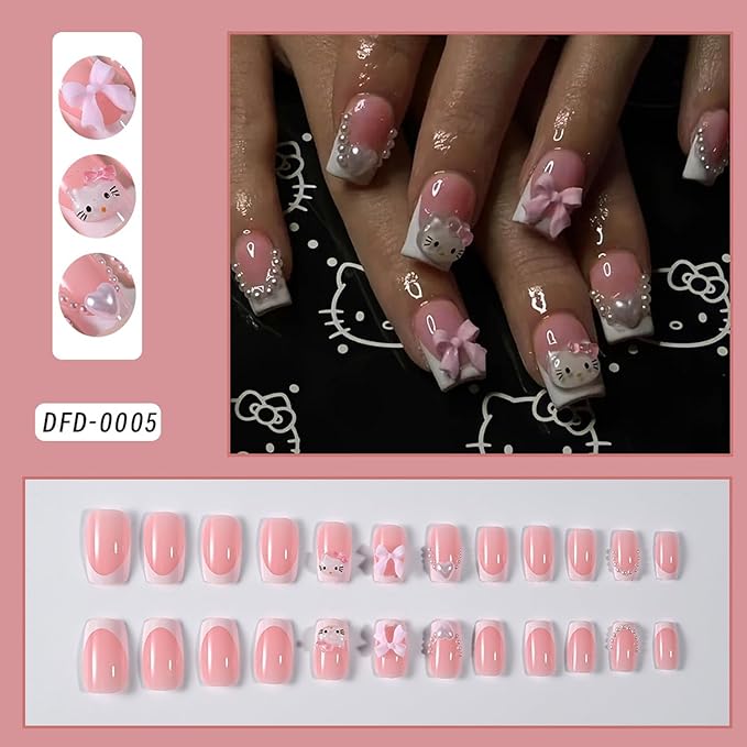 24Pcs Cute French Tip Press on Nails Medium Square Fake Nails with Exquisite Cute Cartoon Cat Bow and Heart Designs, Glossy Pink False Nail with Charms Pearl Nails Acrylic Nail for Women