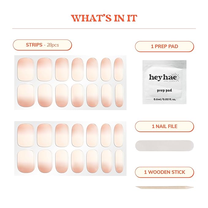 Heyhae Semi Cured Gel Nail Strips Assorted Bundle (4 Pack) | No LED Lamp Needed | Easy Apply & Remove, Salon Quality | Includes Strips, Prep Pads, Nail Files & Wooden Sticks - Everyday Essentials