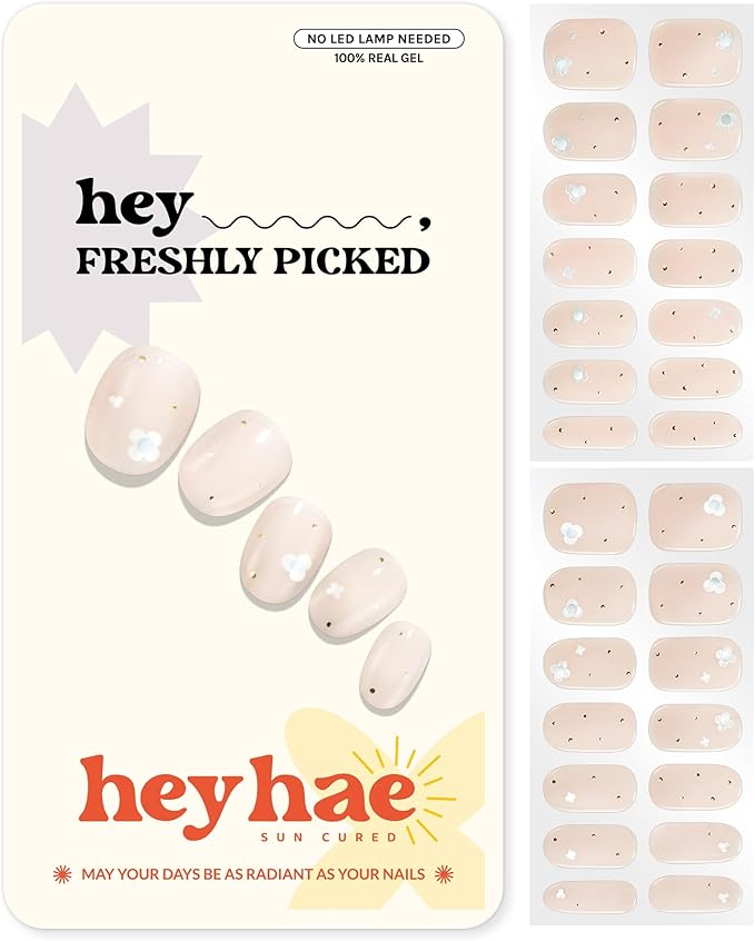 Heyhae Semi Cured Gel Nail Strips | No LED Lamp Needed | Pink, Solid | Easy Apply & Remove, Salon Quality | Includes 28 Strips, 1 Prep Pads, Nail File & Wooden Stick - Hey, Freshly Picked