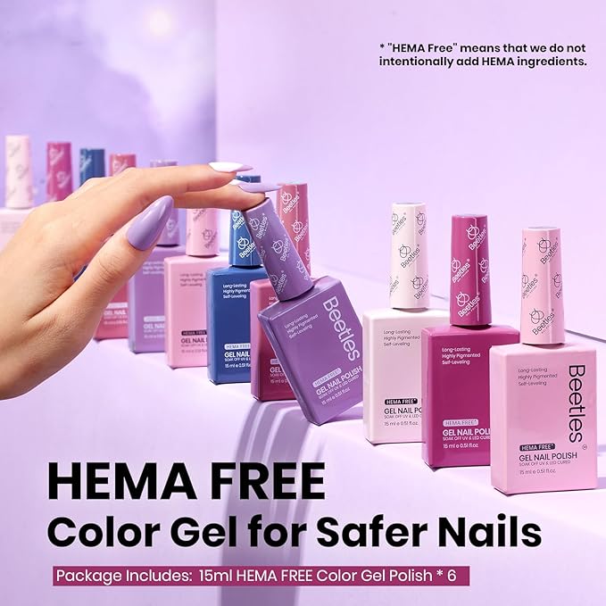 Beetles Hema-Free Gel Polish Set - 6 Colors 15ml Baby Pink Purple Gel Nude Pink Spring Colors Gel Polish Kit Soak Off Uv LED Nail Lamp DIY Home Manicure Salon Serene Afternoon