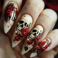 Halloween Press on Nails | Gothic Fake Nails with Rose & Skull Designs,Medium Almond False Nails,Full Cover Glossy Acrylic Nails,Stick on Nail for Women Girls Halloween Nail Art Decor 24Pcs