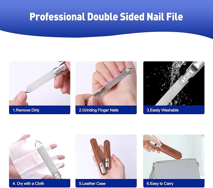 Stainless Steel Nail File with Anti-Slip Handle and Leather Case, Double Sided and Files Nails Easily for Men and Woman,Great for Home Salon or Travel Use (2 PCS Metal)