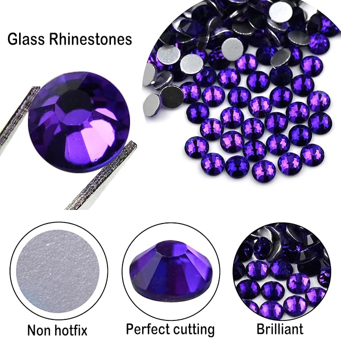 Flatback Glass Rhinestones,Bedazzler Gems 1440pcs Non Hotfix Crystal Rhinestones for Nail Charms Crafts Clothes Tumblers,Pure Purple,SS10