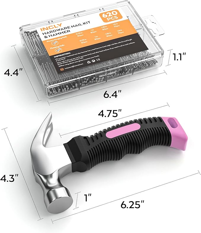 INCLY 620 PCS Small Nails for Hanging Pictures Assortment Kit with 8oz Pink Small Hammer, Mini Hammer Set with Hardware Nails Assorted Set 310 Wall Nails & 310 Finish Nails for Installing with Case