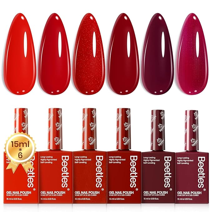 Beetles Red Gel Nail Polish Set-15ML 6 Colors Shimmer Bloody Red Burgundy Gel Polish Kit Soak Off UV Full Size Nail Art Salon Design DIY Gift for Women Colorful Bottle