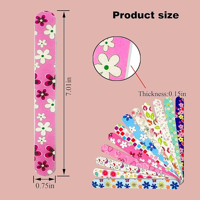 24 Nail Files, Colored Emory Plate Nail Files Double Sided 180 Grains Professional Manicure Emory Plate Buffer Pedicure Tools Nail Shaping Polishing Files (Flower Series, Count, 24, 100/180 Grit)