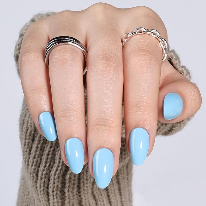 Blue Press On Nails Almond - Blue Almond Fake Nails, Short Press On Nails Reusable Stick On Nails in 16 Sizes, 32pcs False Nail Kit for Women & Girls(SoftBlue)