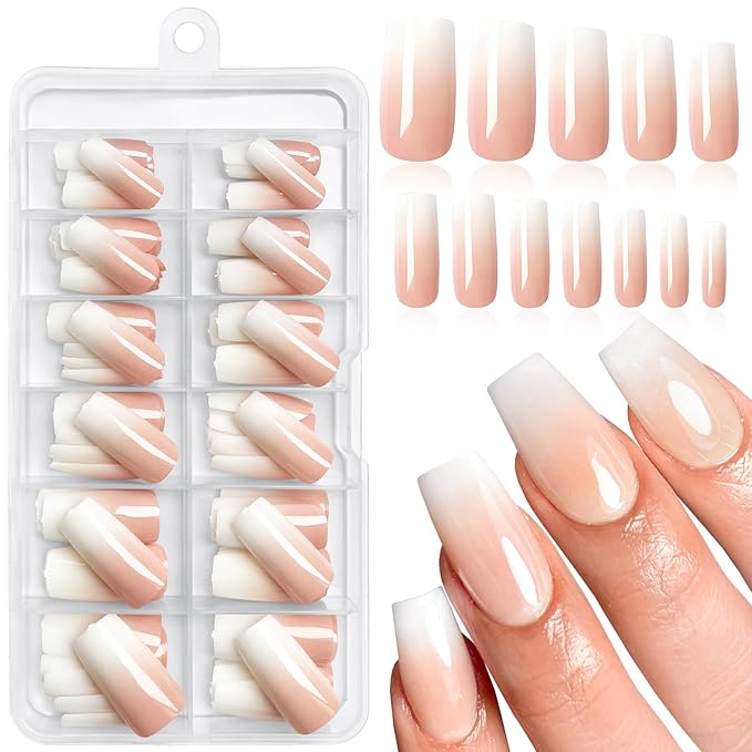 AddFavor 240pc Ombre Square Press on Nails Long Fake Nails - Glue on Nails Square Acrylic Nails Press ons Nail Tips Long Stick on Nails with Nail Glue and Adhesive Tabs for Women