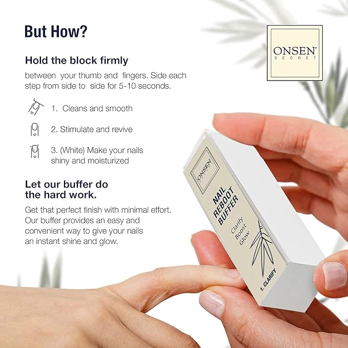 Onsen Secret Professional Nail Buffer Block | 4-Way Buffing for Natural Shine & Healthy Natural Nails - Includes 2 Extra Shine Pads, Salon-Quality, Post-Gel & Acrylic Recovery | 1 Pack