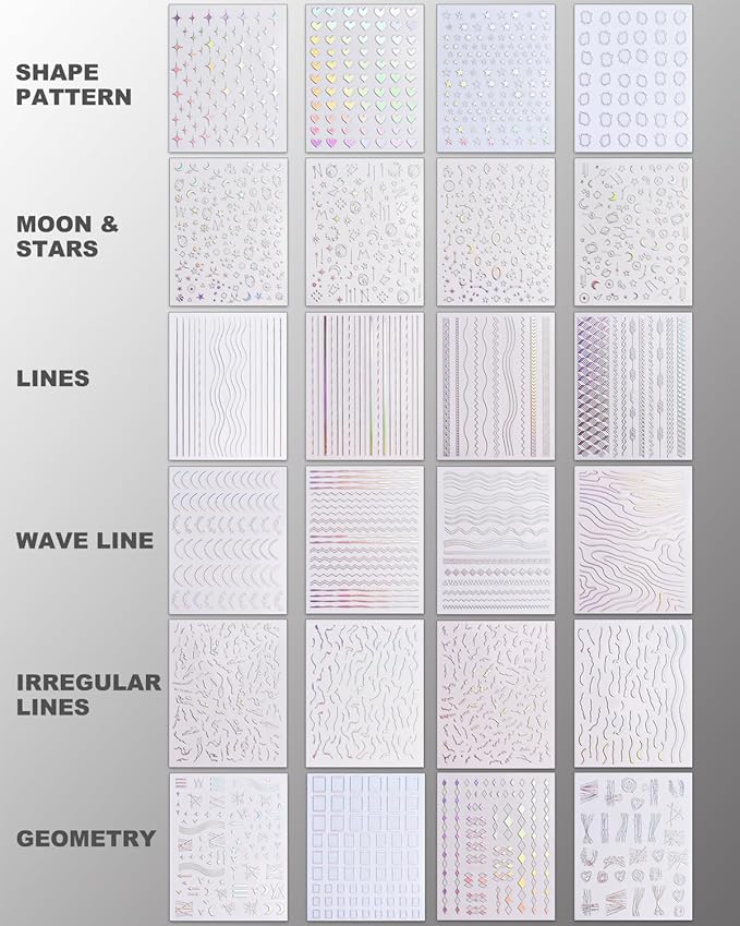 24 Sheets Aurora Nail Art Stickers, Holographic Self-Adhesive Pegatinas Uñas Glitter Design Moon Star Sparkles Heart Line Nail Decals
