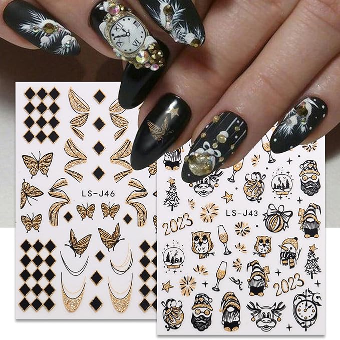 Gold Nail Art Stickers, Leopard Butterfly Sun Moon Star Clocks Watches Nail Self-Adhesive Sticker Designs, 3D Gold Nail Transfer Decals Supplies for Women Manicure Decorations, DIY Nail Decal