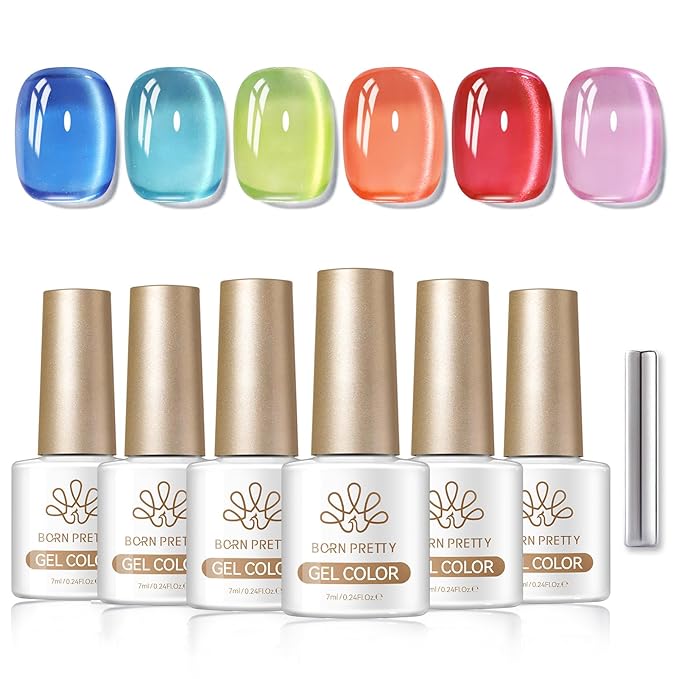 Born Pretty Cat Magnetic Eye Gel Nail Polish Set Spring Summer Crystal Glass Translucent Pastel Blue Pink Green Yellow Red Magnetic Gel Polish Soak Off U V Gel Polish 7ML 6PCS
