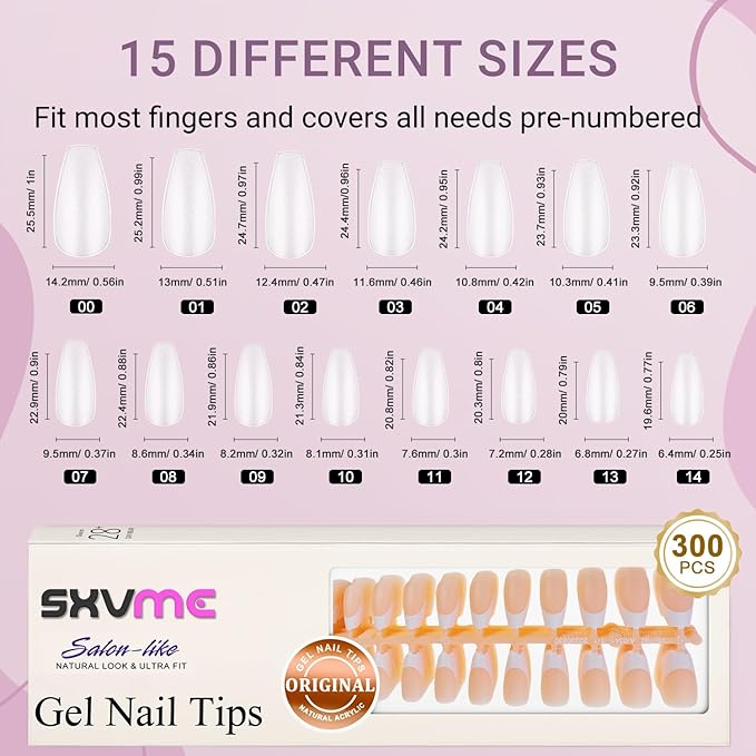 Gel French Tip Nails Long Coffin French Tip Press on Nails SXVME White French Nail Tips 300Pcs Pre-applied Tip Primer Natural Nude Fake Nails Extensions Gel Nail Kit for Women Girls DIY