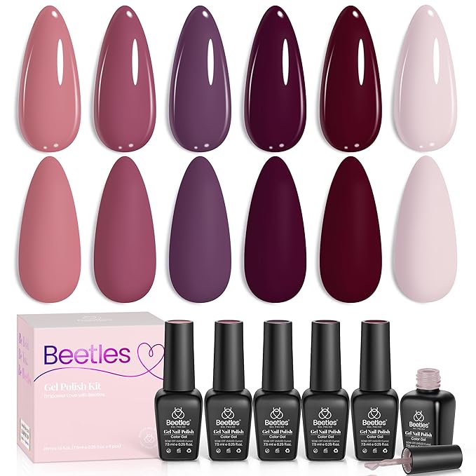 Beetles Purple Gel Polish Set - 6 Color Spring Purple Burgundy Maroon Mauve Plum Gel Polish Kit, Soak Off UV LED Nail Gel for Autumn Manicure Nail Art Gifts for Women