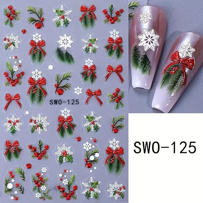 6Pcs Christmas Nail Art Stickers 3D Embossed Christmas Holly Bow Nail Decals Self Adhesive Winter Nail Supplies Xmas Design Snowflake Nail Stickers for Women New Year DIY Manicure Art Accessories