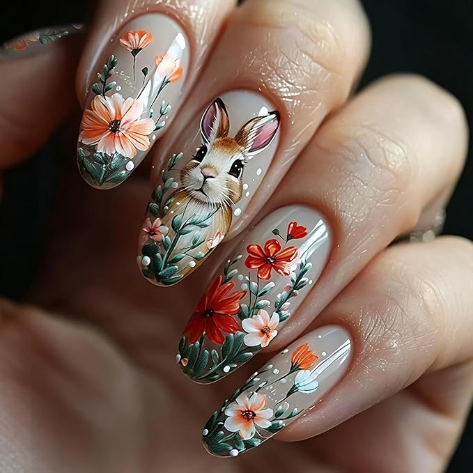 Cute Rabbit Easter Press on Nails - Medium Almond Fake Nails with Spring Flower Designs Glossy False Nails Press ons Reusable Full Cover Stick on Nails Easter Nails for Women Manicure 24Pcs