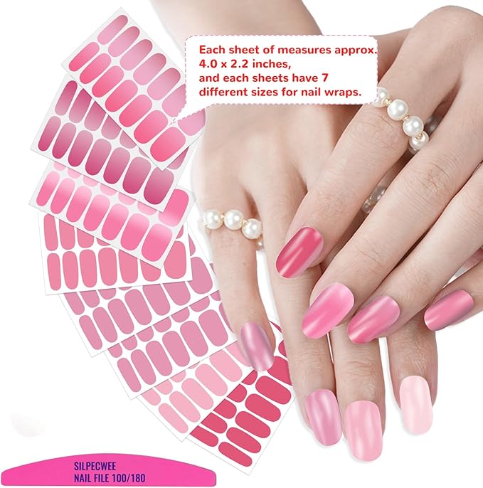 SILPECWEE 16 Sheets Nail Polish Stickers Nail Wraps for Women Gradient Color Gel Nail Stickers Self Adhesive Nail Polish Strips Fingernail Sticker with Nail File (Pink Style)