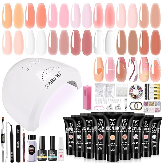 ROSALIND Nude Poly Nail Gel Kit, 14 Colors Pink Poly Nail Gels Kit with Slip Solution and Mini Lamp Poly Nails Gel Starter Kits For All Seasons Beginner DIY at Home