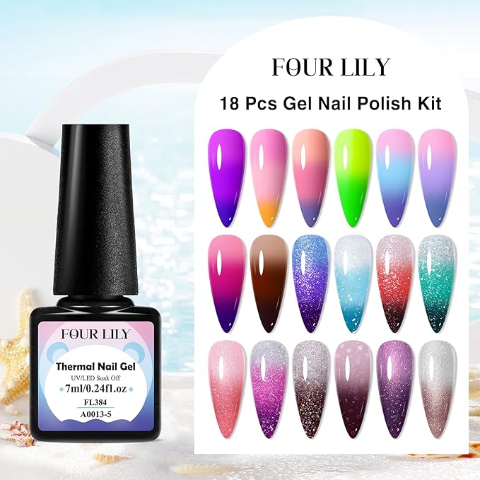 Color Changing Gel Nail Polish Set, 18 Colors Red Pink Glitter Blue Purple Mood Temperature Change Nail Polish Gel Set Soak Off Nail Art Gel DIY Salon Valentine's Day Manicure Gift
