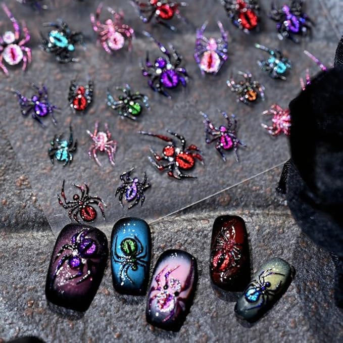 Halloween Nail Stickers 3D Self Adhesive Spider Nail Art Stickers 5D Embossed Colorful Spiders Nail Decals Araneid Nail Art Supplies Cute Multicoloured Nail Design for Women Girls 1 Sheets