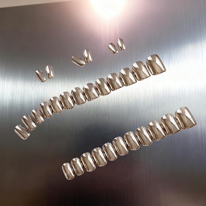 Chrome Press on Nails Short Square, Metallic Light Gold Fake Nails with a Sparkle Mirror Finish, Glitter Glue on Nails for Women Birthday Party, Thick Quality Soft Gel Nail Press ons 30 Pcs