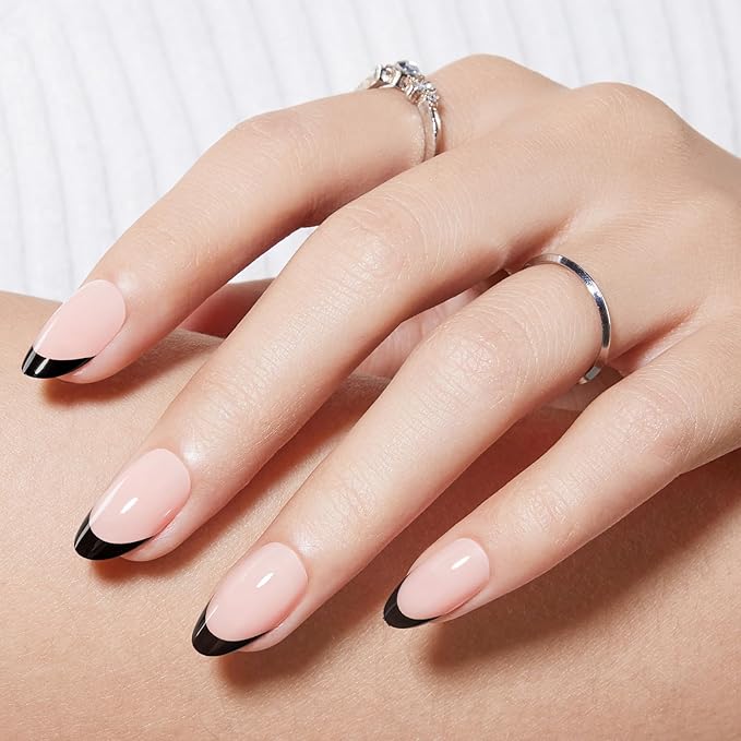 Modelones Black French Tip Press on Nails Almond, Short Almond Fake Nails, Reusable Nail Kit with Nail Glue Adhesive Tabs Mini Nail File, Nails Press Ons 32Pcs16 Sizes