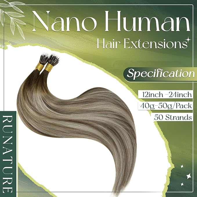 RUNATURE Brown Balayage Nano Bead Hair Extensions Human Hair 16 Inch 50G 50 Strands Brown to Blonde Nano Link Hair Extensions Real Hair Full Ends Cold Fusion Can Be Styled #3/8/22