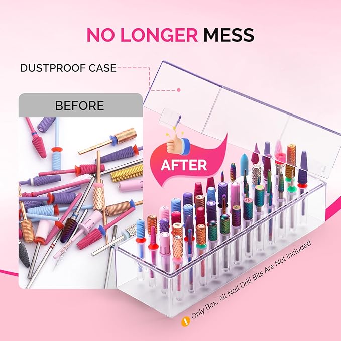 MelodySusie Nail Drill Bits Holder, 48 Holes Case, Portable Dustproof Displayer Organizer Container, Nail Tech Professional Nail Art Tool, Travel Salon Home, Clear (Drill Bits Not Included)