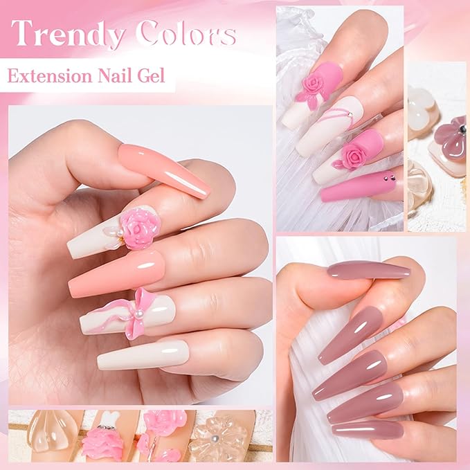 MEET ACROSS All-in-One Extension Mini Kit 2×7ml Non-Sticky Builder Gel Starter Kit WIth Base & Top Coat/Dual-Silicone Pen/Pro File/20-Pc Reusable Dual Forms Salon-Grade Extensions (Nude+Pink)