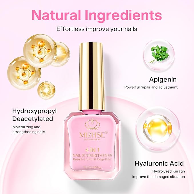MIZHSE Nail Strengthener and Growth Nail Hardener Extra Strong and Growth, Nail Repair for Thin and Damaged Nails, Concealer Ridge Filler Foundation Polish Pink 16ML