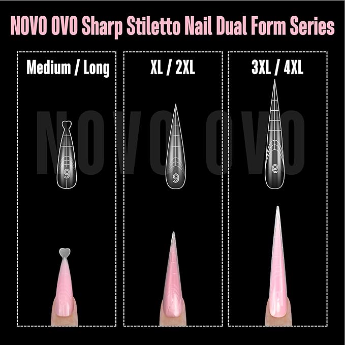NOVO OVO Extra Super Long 3XL 4XL Stiletto Pointed Nail Dual Forms for Polygel Extension, Reusable Full Cover Acrylic / Builder / Hard / Poly Gel Molds of Manicure Art for Salon DIY x 14 size 70 Pcs