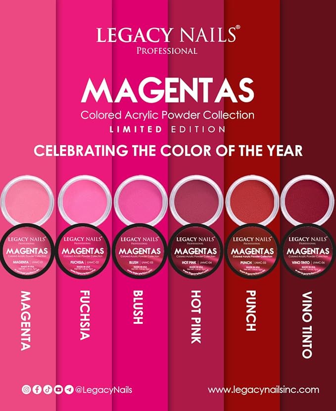 Legacy Nails Professional COLLECTION Acrylic Powder Kit 6 Colors Nail Art Set for Manicure DIY for Dip & Acrylic Nail Extensions (MAGENTAS COLLECTION)