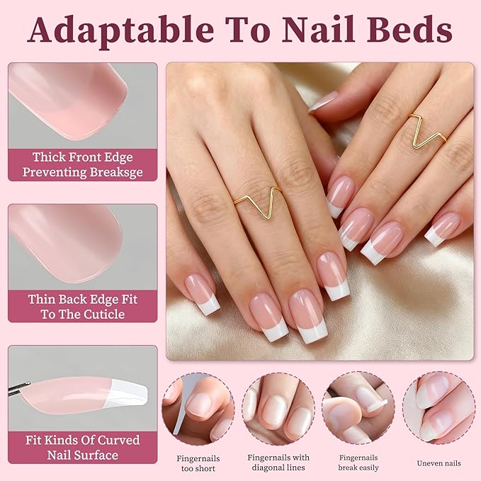 120PC White French Tip Press on Nails Short Fake Nails Press ons with 5*Adhesive Tabs, Pink Square Acrylic Nail Press on Nail French Tip Nails False Artificial Fingernails Stick on Nails-F