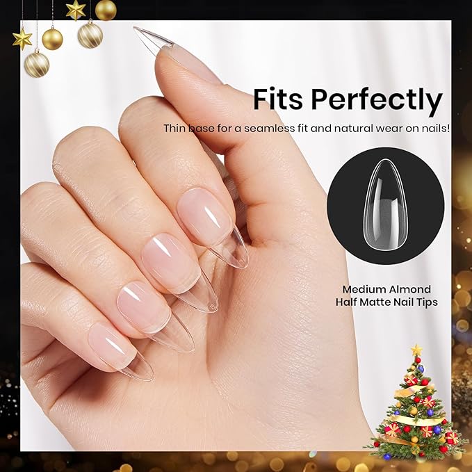 Beetles Gel Nail Tips Medium Almond Etch X, 12 Sizes 288 PCS Half Matte Full Cover Press on False Nail Tips Clear Acrylic Nails Extension Glue on Nails DIY Gift for Women